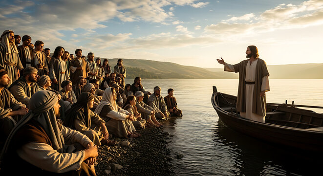 Jesus Christ Teaching Multitude from Wooden Fishing Boat on Calm Sea of Galilee Biblical New Testament Scene with Devoted Followers Gathered on the Sandy Shoreline at Sunset