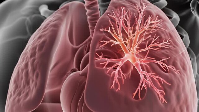 Close-up view of human lungs expanding and contracting, highlighting intricate bronchial structures and blood vessels in vibrant colors