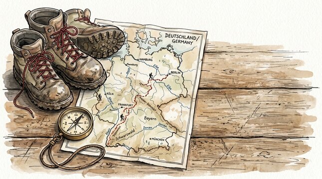 Adventure awaits: hiking boots, map, and compass ready for exploration. A journey filled with discovery, navigation, and the spirit of wanderlust