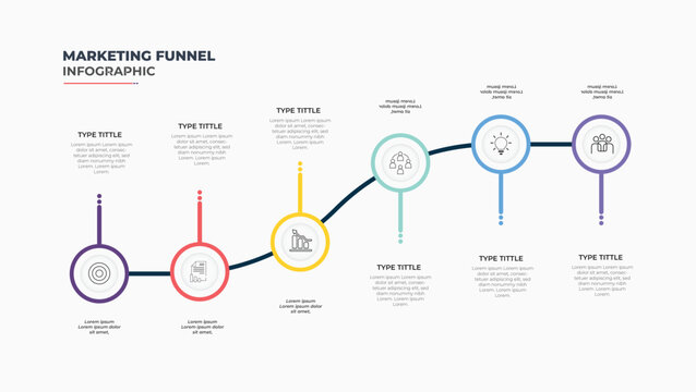 Marketing funnel infographic layout with six colorful stages for business planning customer journey workflow data analysis and presentation template