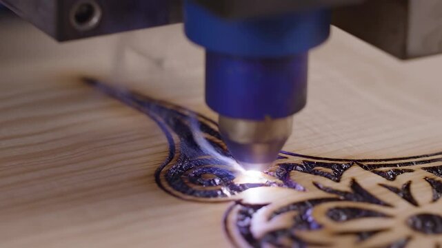 Close-up of a laser engraving machine creating intricate designs on smooth wood surface, showcasing precision and detail in craftsmanship