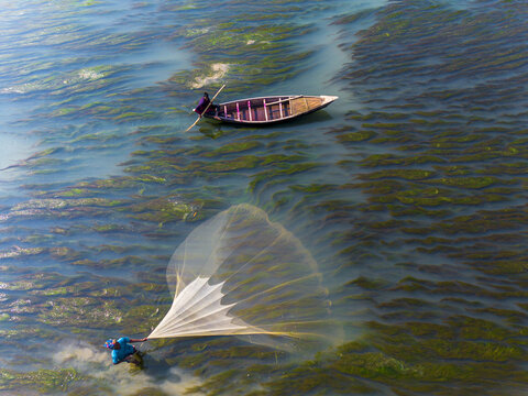 17 December 2025: Aerial view of a fisherman casting a large white net into turquoise water covered with green algae patterns, with another person in a small wooden boat nearby.