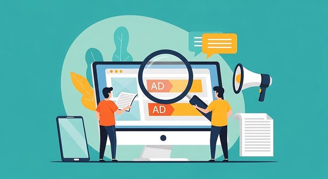 Two people analyzing large computer screen with ads and magnifying glass