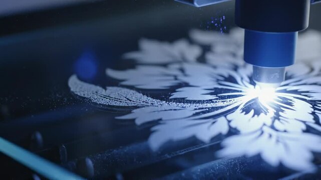 Close-up of a laser etching intricate floral patterns on glass, showcasing precision and technological artistry