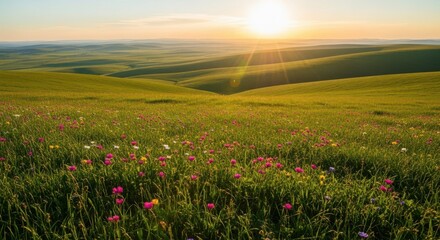 Obraz premium Golden Hour Over Rolling Green Hills And Wildflower Meadow
