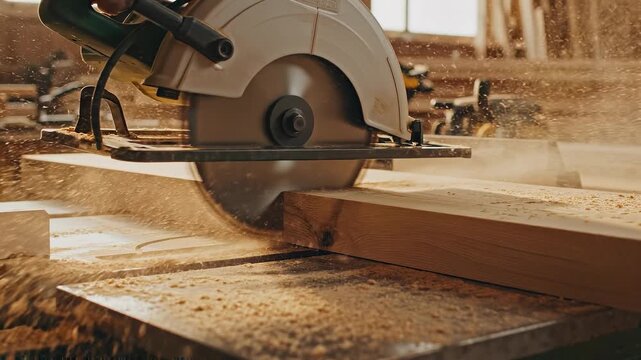 Wood cutting process showcasing sparks and sawdust flying in a workshop environment with natural light streaming in