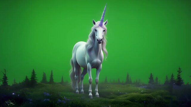 Majestic Unicorn on Green Screen with Forest Background for Fantasy Projects.