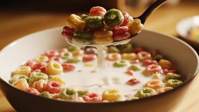 Spoon scooping colorful cereal from a bowl filled with milk on a wooden surface, creating dynamic splashes