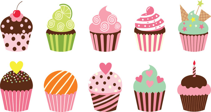 Cute Cupcake Collection with Decorative Frosting Hearts Sprinkles and Sweet Dessert Variations Cartoon Style Vector Illustration Set for Bakery Menu and Celebration Design.