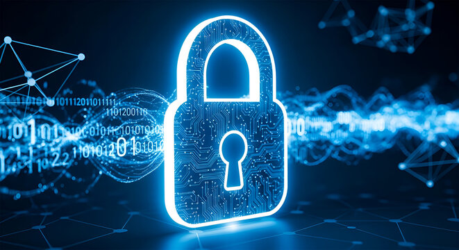 Digital security concept Futuristic padlock icon symbolizing online protection, data privacy, and cybersecurity in a network of binary code and connections