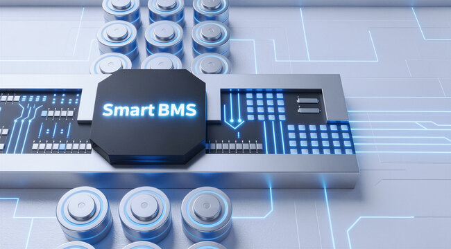 Smart Battery Management System &ndash; Futuristic technology design with LED circuitry and batteries. Monitors battery cell voltage status and balances voltage. 3D Render.