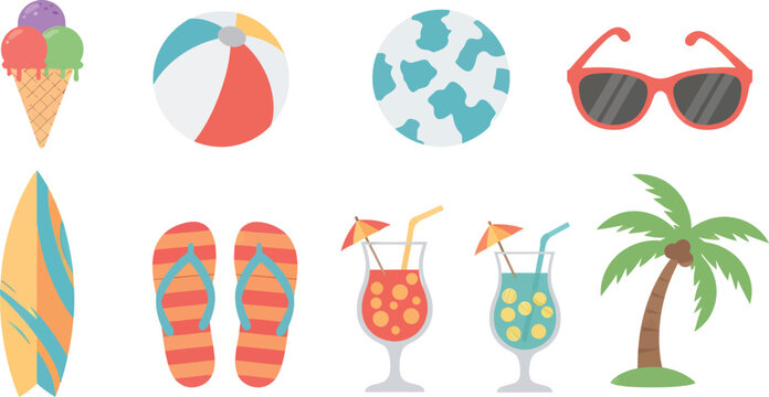 Summer Vacation Elements Collection Featuring Ice Cream Beach Ball Sunglasses Surfboard Flip Flops Cocktails and Palm Tree