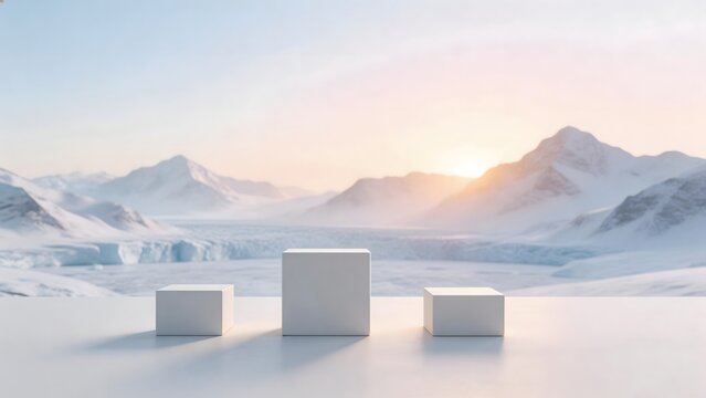 Snowy mountain landscape with white cubes