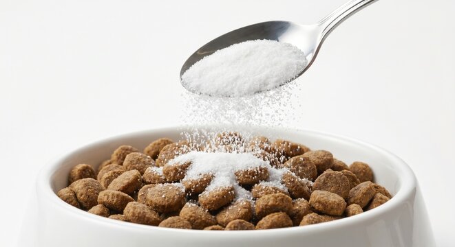 Spoon pouring mineral supplement onto dry pet kibble