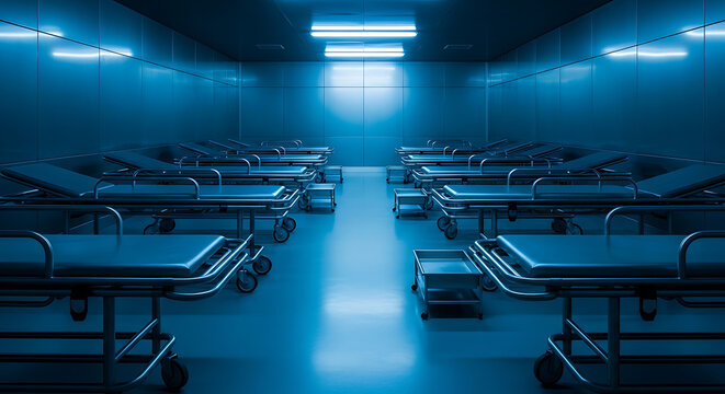 Hospital gurneys line empty ward room under bright overhead lights inside.