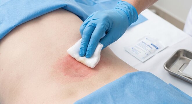 Medical professional cleaning stage 1 pressure ulcer on patient