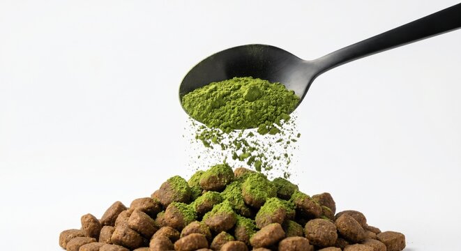 Pouring green superfood powder supplement onto dog kibble