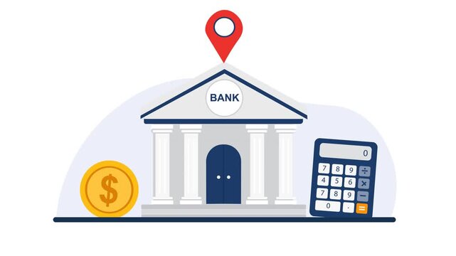 Clean Flat Design Animation of A Modern Bank Building With Financial Elements Including Dollar Coin, Calculator, And Location Pin. Finance, Banking, and Business Investment, Copy Space.