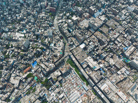 Dhaka, Bangladesh - 11 April 2026: Aerial view of the dense urban sprawl and congested residential buildings with narrow streets in Old Dhaka.