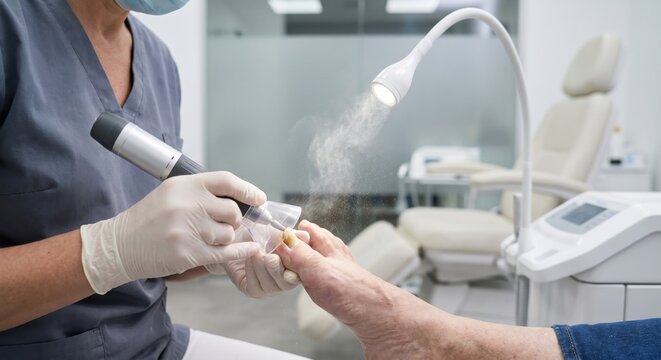 Podiatrist treating fungal toenail with electric drill and vacuum
