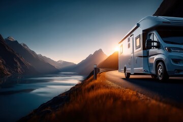 Obraz premium Modern RV motorhome traveling on scenic coastal highway at sunset with majestic mountains and tranquil lake