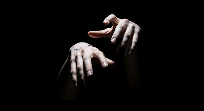 Human hands reach forward while fingers curl into claw shapes under dark.