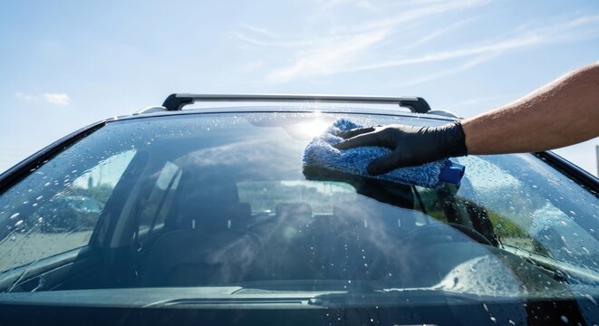 Detailing car glass roof with microfiber mitt outdoors