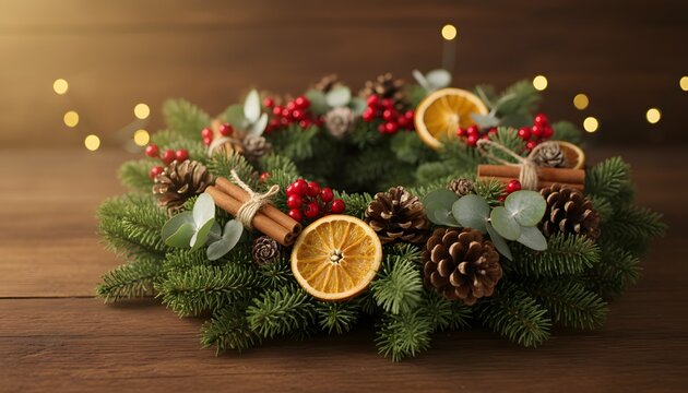 Traditional christmas wreath with dried oranges, cinnamon sticks, and red berries on a rustic wooden table for a warm festive winter holiday home decor concept