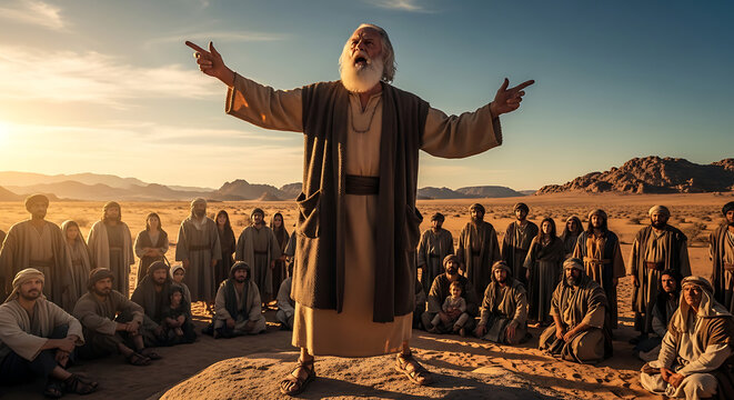 Ancient bearded elderly prophet preacher passionately delivering an emotional sermon about repentance to a gathered crowd in the vast arid desert landscape during biblical times