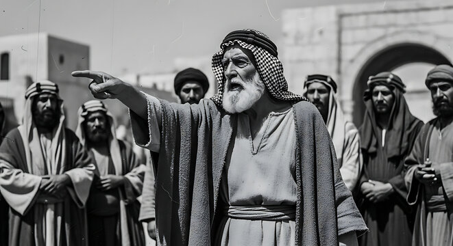 Senior patriarch in historic robe gesturing accusation with hand among diverse devout followers in antique desert setting under sunlight, depicting biblical scene of moral condemnation and faith.