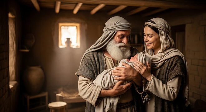 Venerable elderly patriarch cradling a fragile newborn infant while a radiant woman smiles beside them in a historical Biblical setting depicting an ancient heritage family lineage.