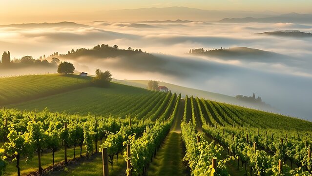 passphrase. Nebbiolo grape vineyard on Piedmont hillside with morning fog and rolling hills. travel magazines, destination branding, designed for outdoor magazines and nature guides.