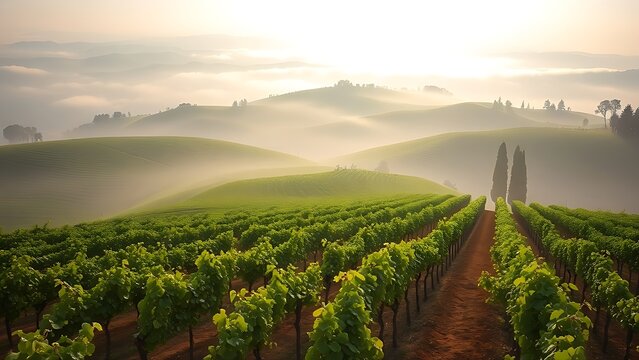 passphrase. Nebbiolo grape vineyard on Piedmont hillside with morning fog and rolling hills. travel magazines, destination branding, designed for outdoor magazines and nature guides.