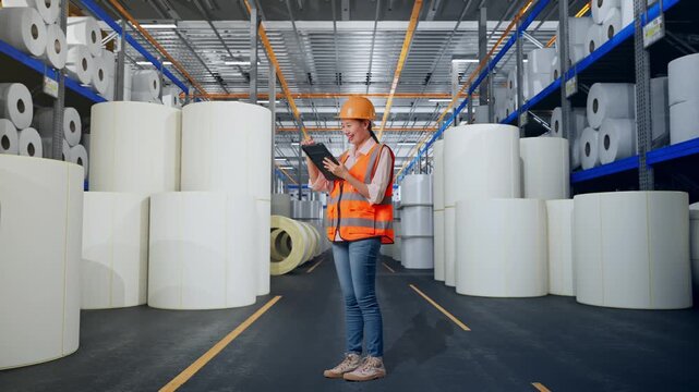 Full Body Side View Of Asian Female Engineer With Safety Helmet Taking Note On The Tablet And Looking Around While Standing at Warehouse with Rows of Stacked White Polymer and Paper Rolls