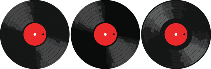 Fototapeta na wymiar Vinyl record discs set with red labels, retro music collection illustration for audio entertainment and classic sound design