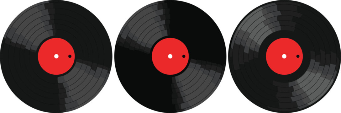 Vinyl record discs set with red labels, retro music collection illustration for audio entertainment and classic sound design