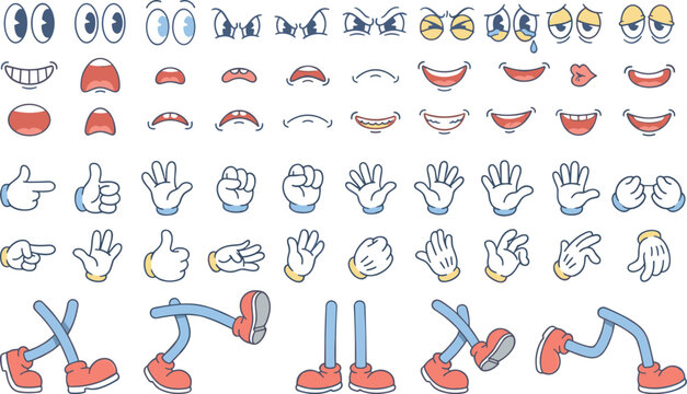 Retro cartoon character creator kit with eyes, mouths, gloved hands and walking legs, vintage mascot animation elements on transparent background