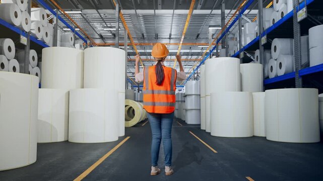 Full Body Back View Of A Female Engineer With Safety Helmet Raising Her Hands Celebrating While Working at Warehouse with Rows of Stacked White Polymer and Paper Rolls