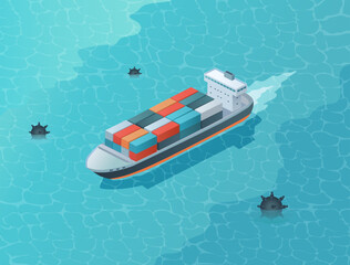 Fototapeta premium Isometric cargoship vector illustration and danger
