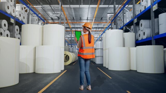 Full Body Back View Of Asian Female Engineer With Safety Helmet Working On A Green Screen Tablet And Looking Around at Warehouse with Rows of Stacked White Polymer and Paper Rolls