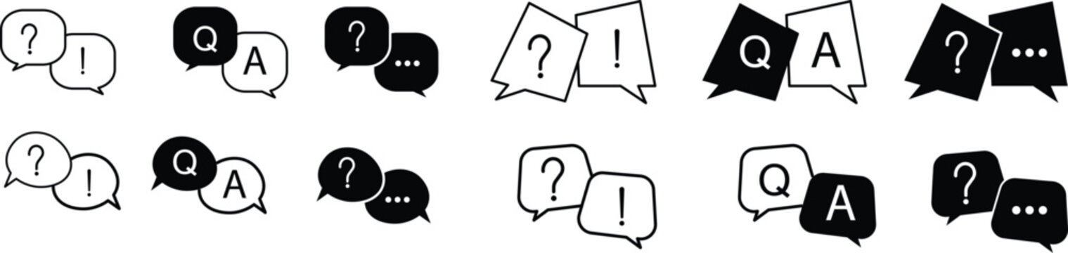 
Question and answer icon set. Chat, speak bubble, Q and A, ask,  support buttons for website, app or design element. dialog, help center on png background. Q&A and FAQ Icon Set . Question and Answer 