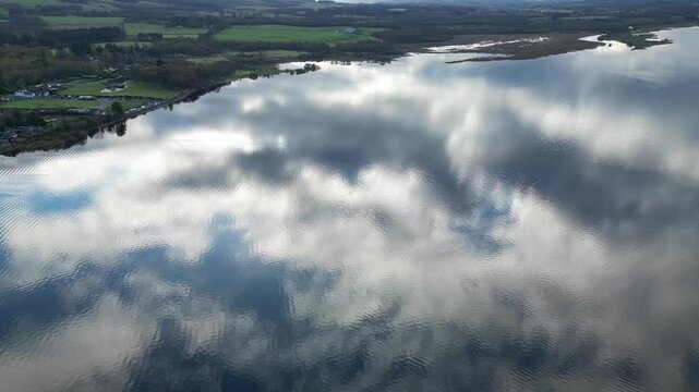 Aerial View of Calm Water of Massive Lake at Balmaha Valley Village Near Glasgow Landscape During Sunset. Village is a popular tourist destination for picnickers and day trippers from Glasgow