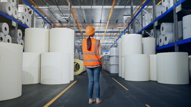 Full Body Back View Of Asian Female Engineer With Safety Helmet Talking On Smartphone While Standing at Warehouse with Rows of Stacked White Polymer and Paper Rolls