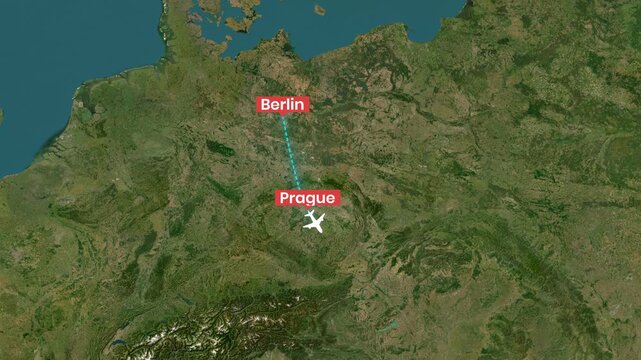 Animated airplane journey across Europe connecting Berlin, Prague, and Vienna video