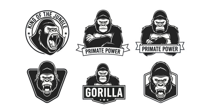 Gorilla Logos Set: King of Jungle, Primate Power, Bold Emblems