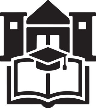 A minimalist vector icon representing a college or university, featuring a school building silhouette, an open book, and a graduation cap on top.