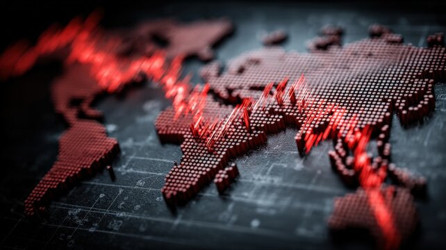 Global Economic Downturn Depicted by Red Dotted World Map with Downward Trend Line