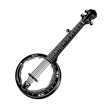 Black and white woodcut style vector illustration of a banjo with intricate details and textures on a plain white background for music or folk-themed designs.