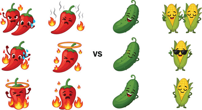 Cute Kawaii Spicy Chili Pepper and Sweet Corn Vector Illustration Set with Funny Expressions, Fire, Sunglasses, and Playful Food Characters for Kids and Digital Designs