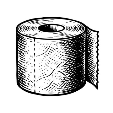 Woodcut style vector illustration of a single roll of toilet paper with a leafy pattern, unrolled sheet on a plain white background, reminiscent of traditional woodblock printing techniques.